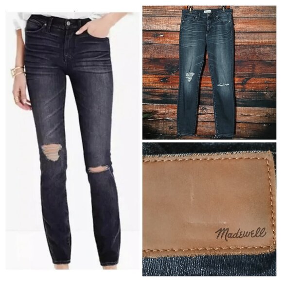 Madewell Jeans Size 30 High Riser Skinny Washed Black Denim Distressed Stretch - Picture 1 of 11